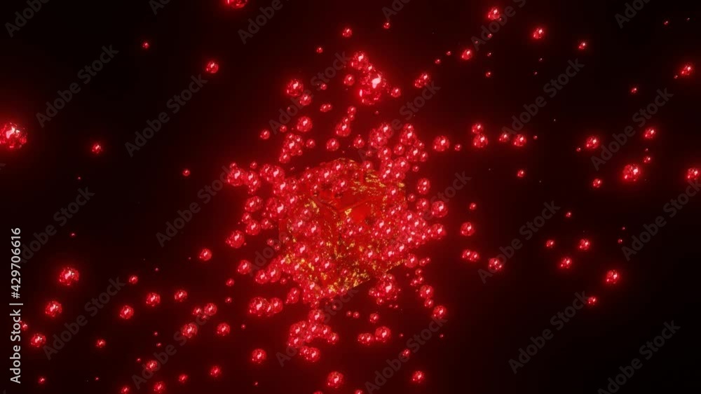 Poster round glowing particles fly away from the rotating cube on a black background. looped animated backg