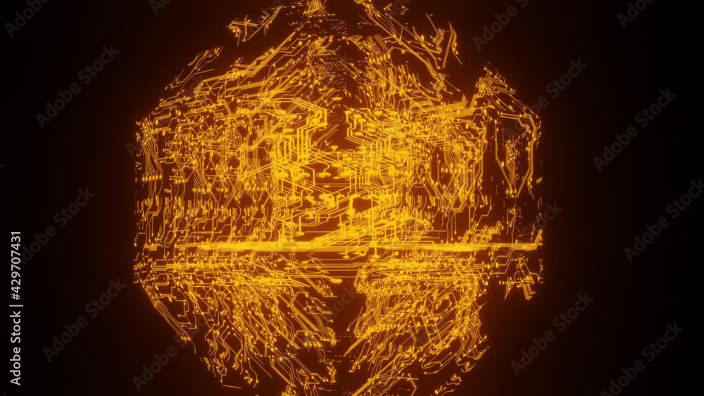 Poster the glowing orange tracks on the pcb are rotating. looped animated background. 3d render