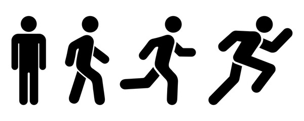 Man stands, walk and run icon set. People symbol. Person standing, walking and running illustration. Run, walk, stand. Vector illustration - obrazy, fototapety, plakaty