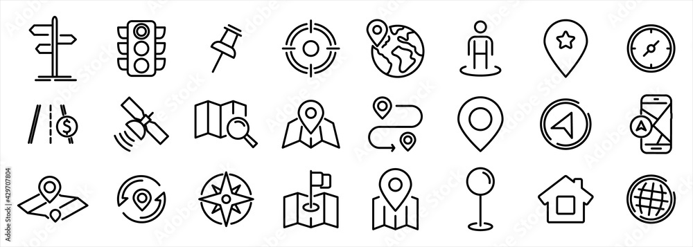 Poster Navigation and Map icon set. Map pin and Location, Route map, Navigation, Direction and more. Simple Set of World Map, Office Location, Traffic Light, Compass line Icons