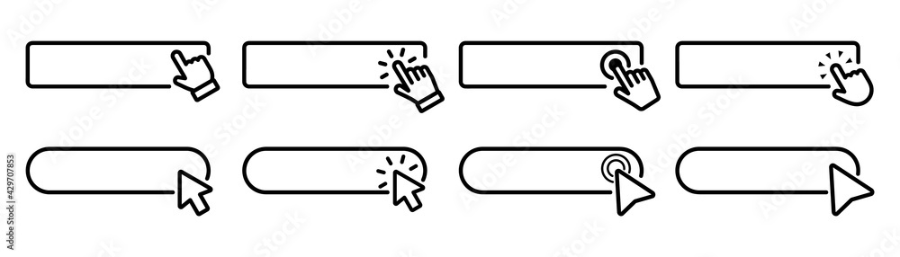 Fototapete Click Here Button with hand or mouse cursor. Click button. Modern action button. Computer mouse cursor or hand pointer symbol. Set for button website design