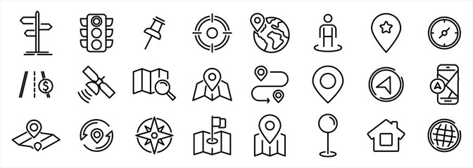 Navigation and Map icon set. Map pin and Location, Route map, Navigation, Direction and more. Simple Set of World Map, Office Location, Traffic Light, Compass line Icons