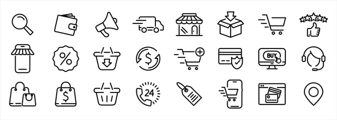 Set of E-commerce, shopping lines web icons. Shopping Cart, Present and Sale discount. Online buying linear symbols set