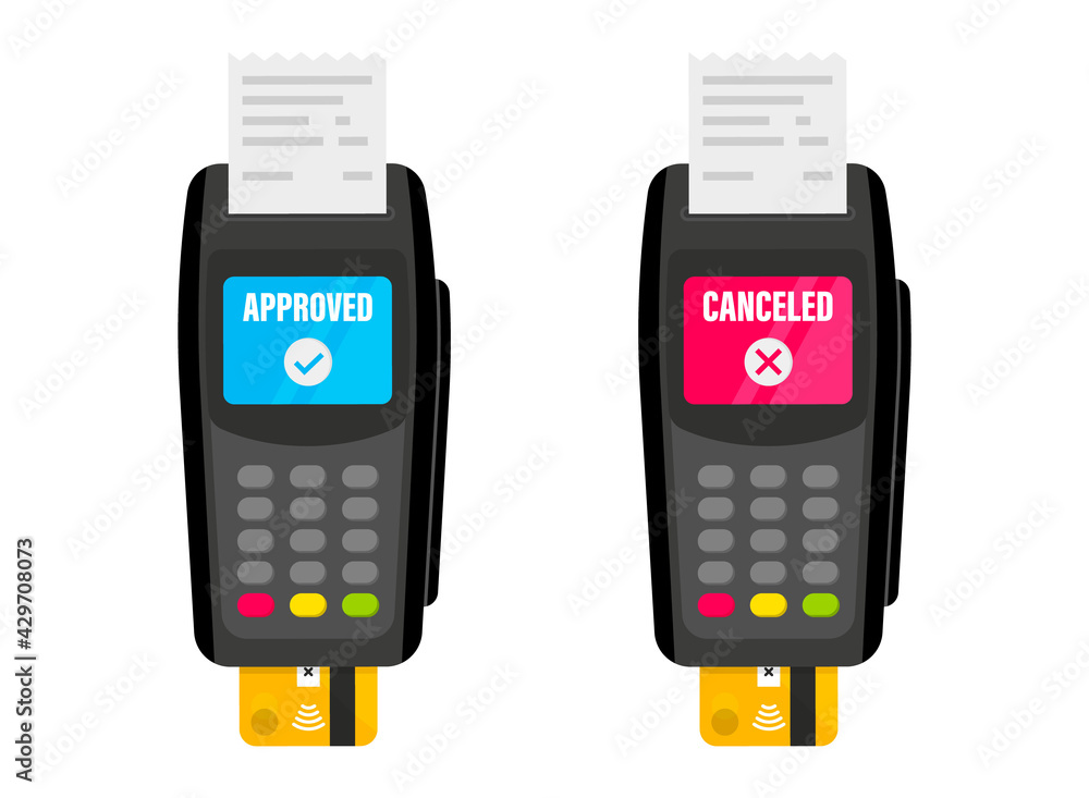 Aufkleber Payment terminal. POS Terminal. NFC payments. Payment by credit card using POS terminal with inserted credit card and print receipt. Payment terminal. Transaction payment canceled or approved