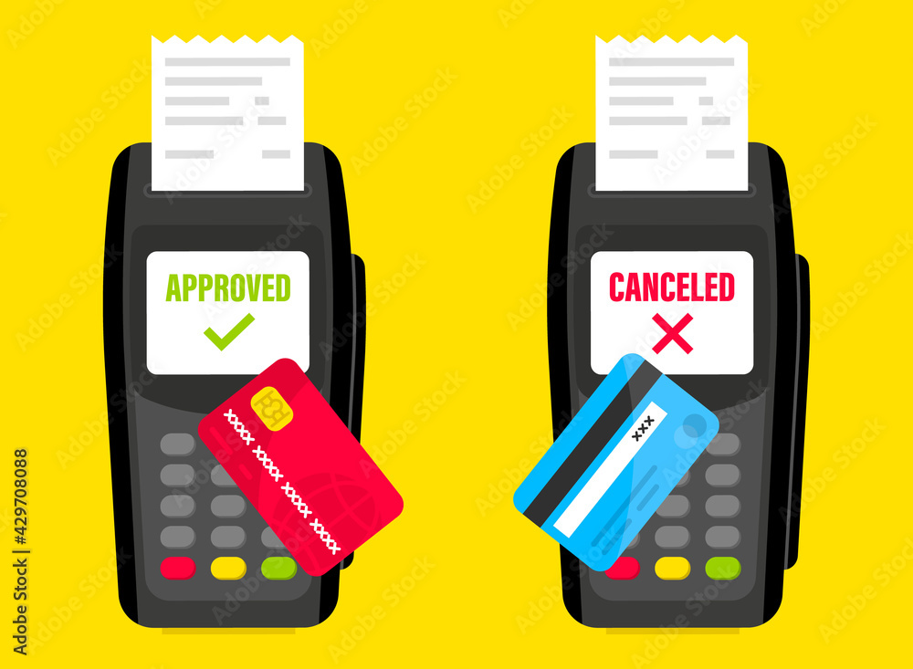 Aufkleber Payment terminal. POS Terminal. NFC payments. Payment by credit card using POS terminal with inserted credit card and print receipt. Payment terminal. Transaction payment canceled or approved