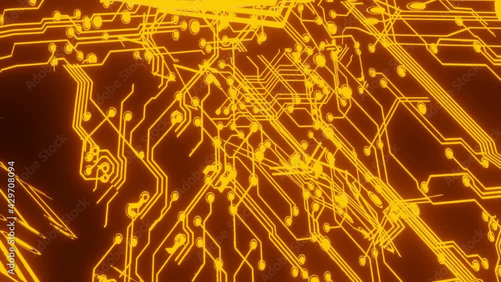 Poster the glowing orange tracks on the pcb are rotating. looped animated background. 3d render