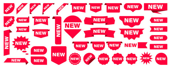Sticker, ribbon and tags. New Arrival, red banner. Set of shop product tags, label or sale posters and banners, sticker for new collections. Discount red ribbons, Shopping banners, tag of sale