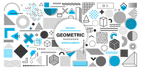 Universal trend geometric shapes. Collection of 100 geometric shapes. Memphis design elements for Magazine, leaflet, billboard, sale, web, advertisement, poster. Outline hatching forms or dots