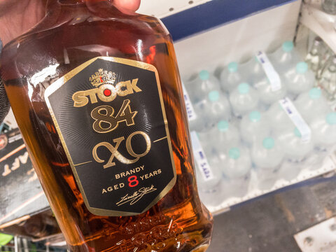 BELGRADE, SERBIA - APRIL 17 2021: Stock 84 bottle of XO Brandy for sale in Belgrade, Serbia. Stock Spirits is a polish british brand of alcohol producing various spirits