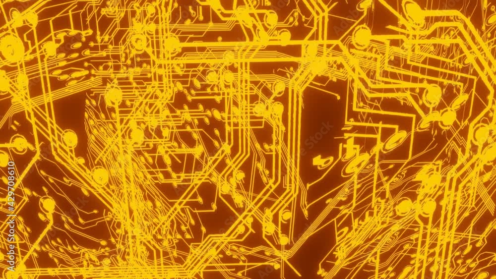 Poster the glowing orange tracks on the pcb are rotating. looped animated background. 3d render