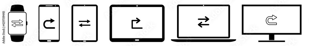 Poster arrow exchange return display icon devices set | web screen sync device online | transfer laptop vec