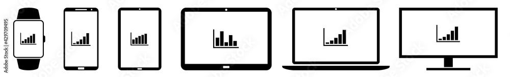 Poster display bar diagram graph chart icon devices set | web screen curve line device online | laptop vect
