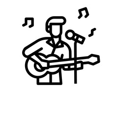 A black icon of a male singer playing ukulele or guitar and singing in front of the mic- a square shaped white background with space to write your text 