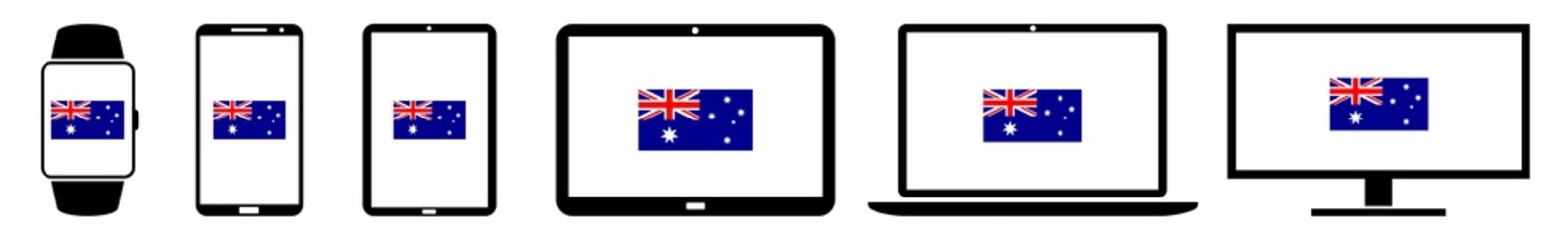 Australia Flag Display Icon Devices Set | Web Screen Australian State Device Online | Laptop Vector Illustration | Mobile Phone | PC Computer Smartphone Tablet Sign Isolated