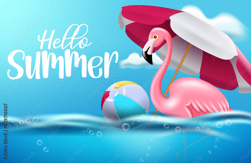 Aufkleber hello summer vector banner design. hello summer text with flamingo and beachball floating in sea wat
