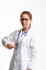 Smiling female doctor or nurse wearing glasses and stethoscope