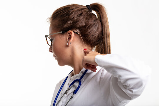Doctor or nursing turning away pointing to her neck
