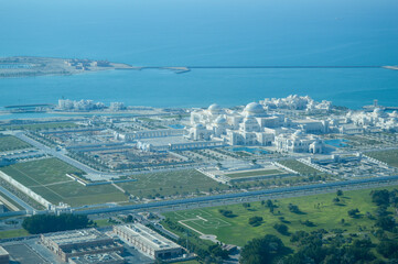 Bird's eye and aerial view of Abu Dhabi city from observation deck