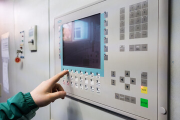 Control panel on factory. Heat exchanger, machine and pump in the industrial plant.