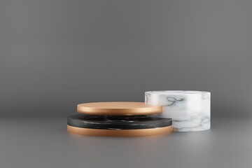 3d render of empty black and white marble stand design for product display, 3 cylinders, abstract minimal concept, blank space, simple clean design, luxury minimalist mockup..