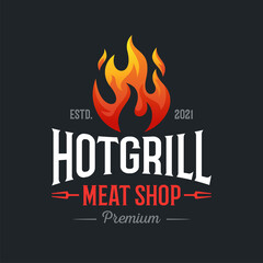 vintage grilled barbecue logo, retro BBQ vector, fire grill food and restaurant icon, Red fire icon
