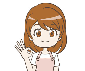 OKマークをつくるエプロン姿の女性