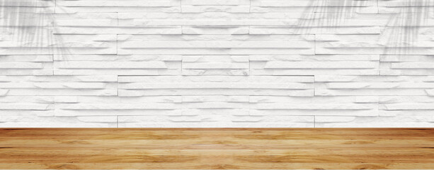 Empty wood table with white stone wall texture background. For display or montage your products.