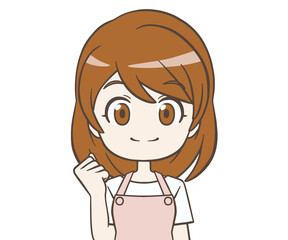 ガッツポーズをするエプロン姿の女性