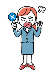 バツ札を持っているスーツを着た女性のイラスト