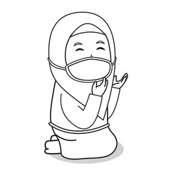Muslim girl use blue dress and blue hijab traditional muslim. praying in ramadan month, using mask and healthy protocol.Character illustration.