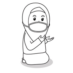 Muslim girl use pink dress and pink hijab traditional muslim. praying in ramadan month, using mask and healthy protocol.Character illustration.