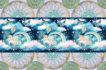 Cute decoration’s wallpaper of birds and unicorn and rainbow in the cloudscape	