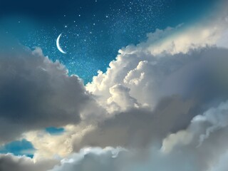 Obraz na płótnie Canvas Beautiful cloudscape and crescent moon in the night sky