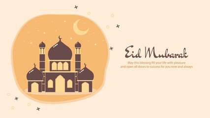 Flat orange Eid Mubarak banner template background design with cartoon mosque vector