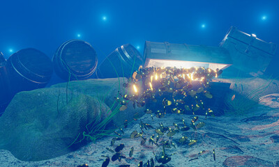 The old treasure chest sunk under the sea. The light shone out of the treasure chest. Under the sea atmosphere, there are rocks, sand, and treasure chest buried. 3D Rendering