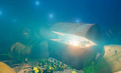 The old treasure chest sunk under the sea. The light shone out of the treasure chest. Under the sea atmosphere, there are rocks, sand, and treasure chest buried. 3D Rendering