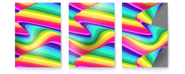 Set of abstract posters with psychedelic pattern. Colorful stripes in rainbow colors. Covers with optical illusion. Vector illustration.