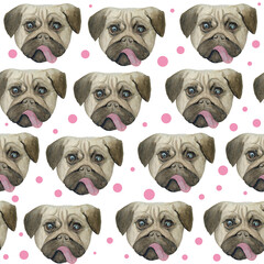Watercolor seamless hand drawn pattern with pugs dogs breed isolated on white background. Funny cute cartoon pet animals for textile wrapping paper background texture. Trendy nursery print for kids.