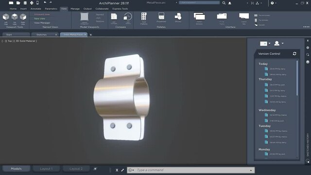 Technical design of mechanical engineer tools, 3d render software CAD, animation of architect program digital image plan rotating. Software HUD of industrial metallic prototype clamp, development