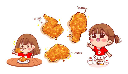 Cute girl eating fried chicken, Fried chicken drumsticks cartoon art illustration