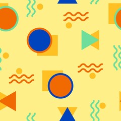Geometric shapes. Vector seamless pattern. Circle, square, wavy line in bright colors on a yellow background. The texture is suitable for fabric, packaging paper, background, cover.