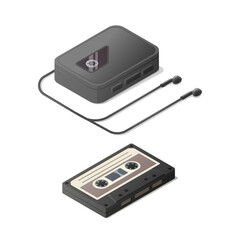 Obraz premium Classic cassette player, headphones and tape. Isometric vector illustration. Isolated on white background.