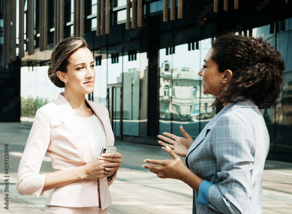 Wall mural business, people and lifestyle concept: two business women having a casual meeting or discussion in 