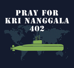 Fototapeta na wymiar Illustration of a submarine with blur global world icon background. The missing Indonesian submarine KRI Nanggala 402.