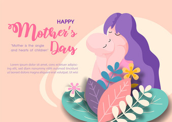 Decorated plants in paper cut style on mother hug and kiss her newborn baby with Happy Mother's Day lettering, example texts and orange background.