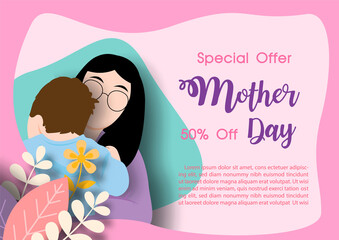 Decorated plants in paper cut style on mother holding a baby child sleeping with Mother's day sale wording and example texts on abstract shape and pink background.