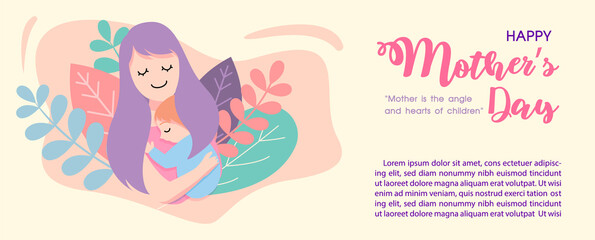 Happy mother hugging her child with wording of Mother's day and example texts on decorated plants and abstract shape yellow background. Poster's banner of Mother's day in flat style and vector design.