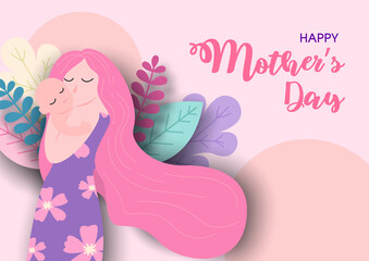 Mother hug and kiss her newborn baby on decorated plants and Happy Mother's Day lettering on pink background. Card and poster of Mother's day in paper cut style and vector design.