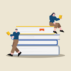 Cool flat design illustration on book lovers reading books sitting, lying and standing next to a stack of giant books. Book store or library themed concept illustration