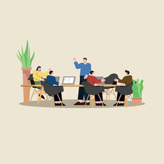 Startup company team meeting. Focus group vector concept illustration. Businesswoman talks to her coworkers at the negotiation table. Presentation event flat style